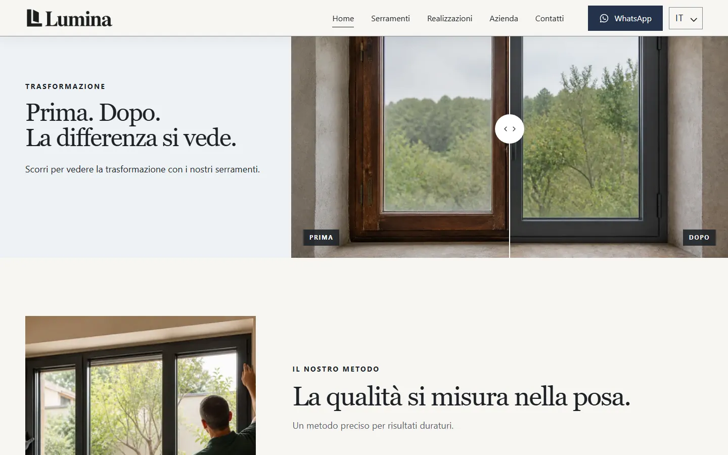 Confronto italiano prima e dopo del sito Lumina, con due serramenti affiancati e controllo centrale.