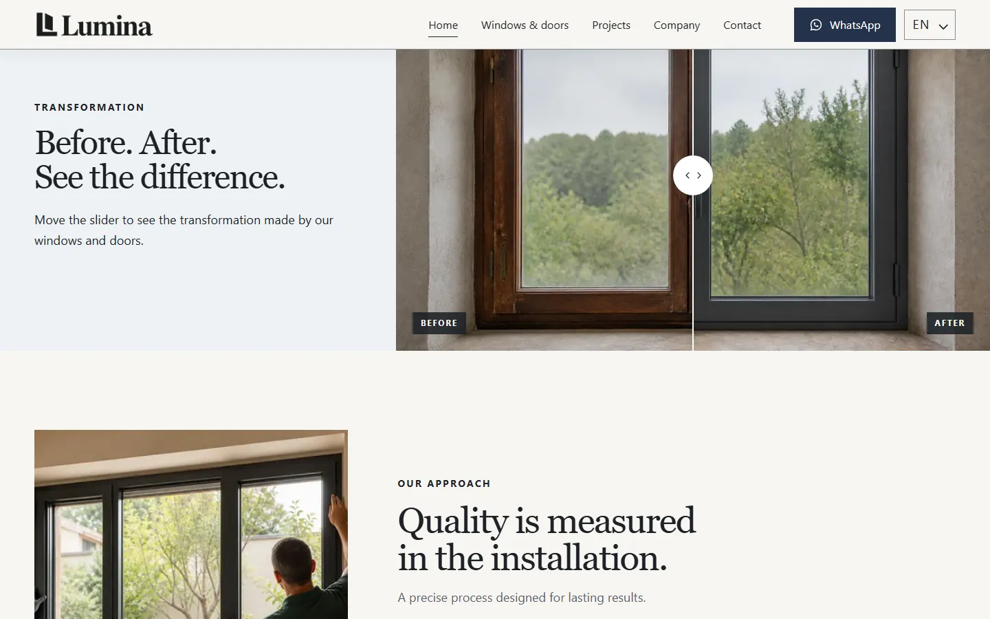 English before-and-after comparison on the Lumina website, with two windows side by side and a central control.