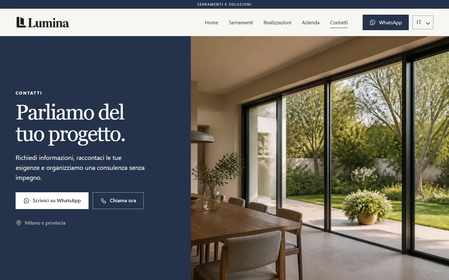 Pagina italiana dei contatti Lumina con presentazione del progetto e azioni WhatsApp e telefono.