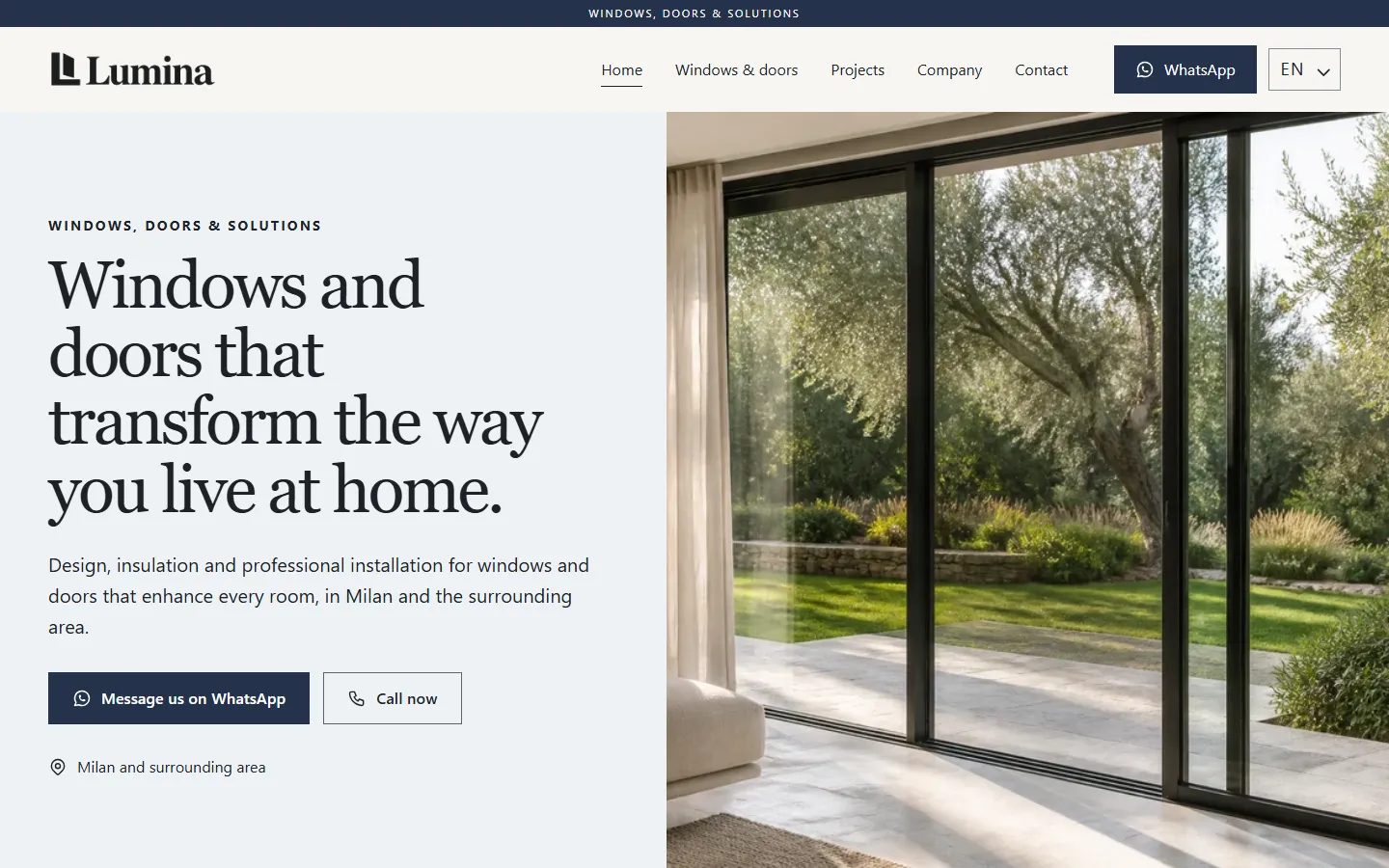 English home page of the Lumina Windows and Doors demonstration website, with navigation, introduction and main image.