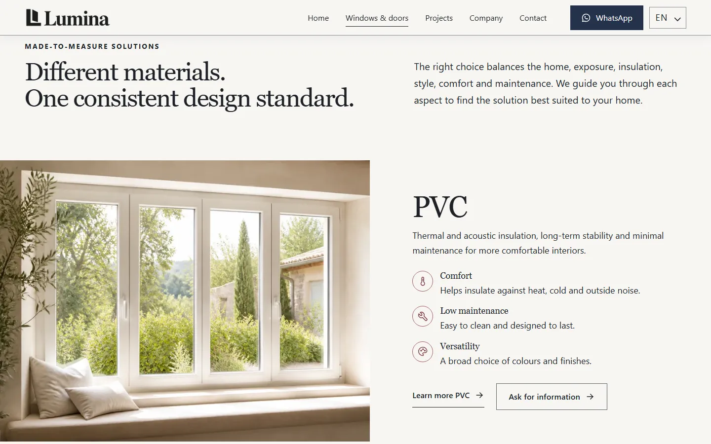 English Lumina services page introducing materials and an in-depth section about PVC windows and doors.