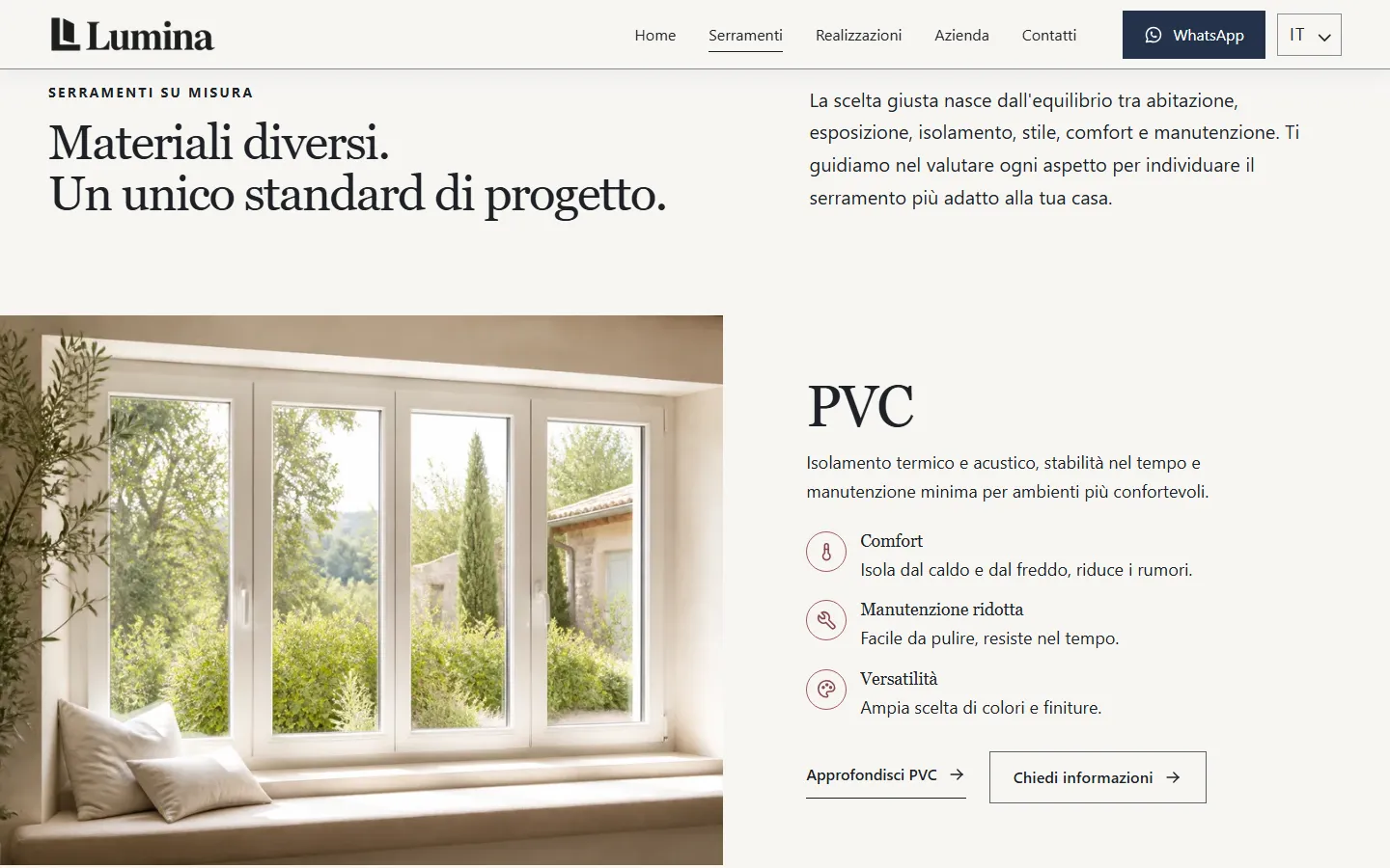 Pagina italiana dei servizi Lumina con introduzione ai materiali e approfondimento sui serramenti in PVC.